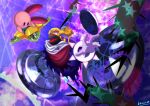  artist_name black_hole blue_eyes commentary_request crown disembodied_limb gears gloves hat highres horns kirby&#039;s_return_to_dream_land kirby_(series) looking_at_another magolor master_crown no_humans open_hand open_mouth red_eyes smile spoilers star_(symbol) takenokonoko thorns warp_star 