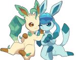  ;&lt; ;) animal_focus closed_mouth commentary_request eye_contact glaceon hands_up leafeon looking_at_another no_humans one_eye_closed pokemon pokemon_(creature) simple_background smile split_mouth teru_(245_neko) white_background 