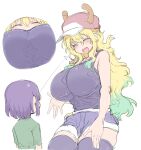  1boy 1girl age_difference baseball_cap black_hair black_tank_top black_thighhighs blonde_hair blue_shorts breasts closed_eyes cool-kyou_shinja denim denim_shorts dragon_girl dragon_horns gradient_hair green_hair green_shirt hat highres horns horns_through_headwear huge_breasts kobayashi-san_chi_no_maidragon lucoa_(maidragon) magatsuchi_shouta multicolored_hair open_mouth pink_headwear shirt short_hair short_shorts shorts sketch smile tank_top thighhighs thighs 