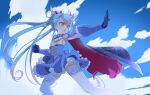  1girl :o black_gloves blue_dress blue_eyes blue_hair blue_sky blunt_bangs bow cape choco_(chocolate_shop) choker cloud cloudy_sky corset cosplay cure_sky cut_bangs dress earrings fairy_knight_lancelot_(fate) fairy_knight_lancelot_(fate)_(cosplay) fairy_knight_lancelot_(second_ascension)_(fate) fate/grand_order fate_(series) frills gloves gradient_hair hair_bow hair_ornament highres hirogaru_sky!_precure jewelry long_hair long_sleeves multicolored_cape multicolored_clothes multicolored_hair pink_hair precure sky solo sora_harewataru streaked_hair thighhighs twintails two-sided_cape two-sided_fabric two-tone_hair very_long_hair white_thighhighs wing_hair_ornament 