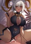  1girl arknights bar_censor bare_shoulders black_one-piece_swimsuit blush breasts carnelian_(arknights) casual_one-piece_swimsuit censored cleavage cowgirl_position cum cum_in_pussy dark-skinned_female dark_skin ejaculation femdom girl_on_top goat_girl goat_horns grey_hair heart hetero highres holding horns kyomu_(7641) large_breasts leash motion_lines navel one-piece_swimsuit open_mouth penis pussy red_eyes sex short_hair solo_focus speech_bubble spoken_heart spread_legs straddling swimsuit thigh_strap tongue tongue_out vaginal 