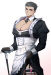  1boy absurdres apron bara black_dress cane clothes_lift dress expressionless frilled_apron frills gonggye_hs grey_hair highres holding holding_cane huge_pectorals lifted_by_self looking_at_viewer maid maid_apron male_focus muscular muscular_male original pectoral_cleavage pectorals scar scar_on_face scar_on_mouth short_hair sideburns skirt skirt_lift solo thick_eyebrows vibrator_in_thigh_strap white_apron wrist_cuffs 