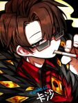  1boy black_eyes brown_hair chinese_text cigarette collared_shirt commentary_request employee_(lobotomy_corporation) fur-trimmed_jacket fur_trim glasses jacket lobotomy_corporation male_focus project_moon rectangular_eyewear red_shirt shirt short_hair shot_(urem) smoking solo translation_request 