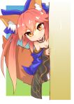  1girl absurdres animal_ears bare_shoulders blue_bow blue_kimono bow breasts chibi cleavage fate/extra fate_(series) fox_ears fox_girl fox_tail hair_bow highres japanese_clothes kimono large_breasts long_hair peeking pink_hair solo tail tamamo_(fate) tamamo_no_mae_(fate/extra) wisespeak yellow_eyes 