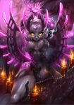  candle clothed clothing demon eldritch_abomination eyewear female fire glasses glowing glowing_eyes hair hi_res horn humanoid jacques_de_molay_(foreigner)_(fate) orange_eyes purple_body solo spread_wings tentacles white_hair wings yunaxd 