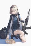  1girl an-94 an-94_(girls&#039;_frontline) assault_rifle bag blonde_hair blue_eyes boots cat commentary_request full_body girls&#039;_frontline gloves gun hair_between_eyes hairband highres holding holding_gun holding_weapon jacket looking_down mod3_(girls&#039;_frontline) one_knee petting rifle senkou_(dwrp3257) simple_background single_glove smile solo weapon 