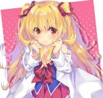  1girl akishisu_(air_balance) blonde_hair blush border bow c: closed_mouth coat commentary_request cowboy_shot eyelashes eyes_visible_through_hair frilled_skirt frills hair_between_eyes hair_intakes hair_ribbon hands_up holding holding_hair irotoridori_no_sekai lab_coat long_hair looking_at_viewer miniskirt nikaidou_shinku off_shoulder open_clothes open_coat pink_background pleated_skirt polka_dot polka_dot_background red_bow red_eyes red_ribbon red_skirt ribbon school_uniform simple_background skirt smile solo standing tareme two_side_up very_long_hair white_border 