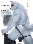  absurd_res anthro anus bulge canid canine canis clothing death_(puss_in_boots) fur grey_body grey_fur hi_res jockstrap looking_at_viewer looking_back male mammal muscular rosemary02 smile solo speech_bubble underwear wolf 