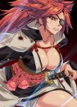  1girl angry baiken blood breasts cleavage clenched_teeth collarbone ekubo_oekaki facial_mark forehead_mark guilty_gear guilty_gear_strive highres japanese_clothes katana kimono large_breasts looking_at_viewer open_clothes open_kimono red_eyes red_hair scar scar_across_eye scar_on_face sheath sheathed solo sword teeth weapon 