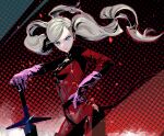  1girl blonde_hair blue_eyes bodysuit breasts catsuit closed_mouth cofffee cowboy_shot floating_hair full-length_zipper gloves gradient_background hair_ornament hairclip light_particles long_hair medium_breasts no_mask persona persona_5 pink_gloves planted planted_sword red_bodysuit serious swept_bangs sword takamaki_anne twintails weapon zipper 