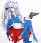 1girl bare_shoulders bisaytin black_gloves blue_collar blue_dress blue_eyes blue_hair blue_thighhighs braid breasts center_opening character_name collar covered_navel crossed_legs dress girls&#039;_frontline gloves gun half_gloves handgun high_heels holding holding_gun holding_weapon jacket long_hair long_sleeves looking_at_viewer mab_pa-15 medium_breasts multicolored_hair open_clothes open_jacket pa-15_(girls&#039;_frontline) sideboob simple_background sitting smile streaked_hair thighhighs thighs trigger_discipline very_long_hair weapon white_background white_footwear white_hair white_jacket 