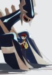  1boy absurdres backpack bag blue_eyes commentary_request dialga hat highres looking_at_viewer lucas_(pokemon) male_focus mio14s pokemon pokemon_(creature) pokemon_(game) pokemon_dppt red_eyes simple_background smile 