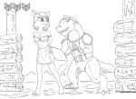  ambiguous_gender angry_expression anthro arms_tied bikini bound canid canine captured clothing dipingxiangtr.d duo female fence fox gameplay_mechanics gui health_bar health_points krystal lizard mammal monochrome mountain nintendo reptile scalie sharpclaw_(star_fox) star_fox swimwear volcano wood_fence 
