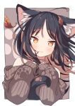  1girl ahoge animal_ear_fluff animal_ears bare_shoulders black_hair brown_eyes brown_hair brown_sweater cat_ears cat_girl cat_tail closed_mouth commentary_request cropped_torso daidai_ookami floating_hair hair_in_own_mouth hands_up highres long_hair long_sleeves looking_at_viewer multicolored_hair off-shoulder_sweater off_shoulder original puffy_long_sleeves puffy_sleeves sleeves_past_fingers sleeves_past_wrists solo sweater tail two-tone_hair upper_body 