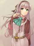  1girl ao_no_kiseki bow chihiro_(chihiro3399) eiyuu_densetsu elie_macdowell green_eyes hair_between_eyes hair_bow highres long_hair long_sleeves playing_with_own_hair simple_background solo white_hair zero_no_kiseki 