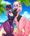  absurd_res anthro artsy beach big_tail blush breasts cleavage clothed clothing detailed_background dragon duo gynomorph_(lore) hair hand_holding hi_res horn intersex lilikoi_gumi looking_at_viewer lychee_gumi one-piece_swimsuit palm_tree plant seaside sibling sister sisters swimwear tail tree 