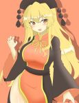 1girl absurdres blonde_hair china_dress chinese_clothes collar dress hat highres junko_(touhou) long_sleeves looking_at_viewer one-hour_drawing_challenge orange_background phoenix_crown red_eyes shirokumall tabard touhou wide_sleeves 