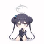  1girl black_coat black_dress black_hair blue_archive blunt_bangs butterfly_hair_ornament chibi china_dress chinese_clothes coat commentary_request double_bun dress grey_eyes hair_between_eyes hair_bun hair_ornament halo high_heels kisaki_(blue_archive) long_hair looking_at_viewer no_panties open_clothes open_coat parsleyshrimp pelvic_curtain shoes shoes_removed sidelocks simple_background sitting sleeveless sleeveless_turtleneck solo thick_thighs thighs turtleneck twintails wariza white_background 