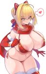  1girl absurdres ahoge animal_ears areola_slip bikini blonde_hair blush braid breasts cat_ears closed_mouth covered_nipples elbow_gloves fake_animal_ears fate/extra fate_(series) french_braid funaya_(a2brasd) gloves green_eyes hair_bun hair_intakes hair_ribbon hairband highres huge_breasts long_hair navel nero_claudius_(fate) nero_claudius_(fate/extra) red_bikini red_gloves red_ribbon red_scarf red_thighhighs ribbon scarf smile swimsuit thighhighs thighs 