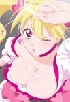  1girl blonde_hair breasts choker cleavage collarbone cure_peach earrings fresh_precure! fuchi_(nightmare) gradient_background grey_background hair_ornament heart heart_earrings heart_hair_ornament highres jewelry large_breasts light_blush long_hair magical_girl momozono_love one_eye_closed open_mouth pink_choker pink_eyes precure puffy_short_sleeves puffy_sleeves short_sleeves solo twintails 