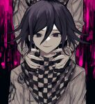  1boy blood_drip chain checkered_clothes checkered_scarf danganronpa_(series) danganronpa_v3:_killing_harmony hair_between_eyes hands_on_another&#039;s_neck highres logo looking_at_viewer male_focus ouma_kokichi pale_skin purple_eyes purple_hair ringed_eyes scarf short_hair simple_background smirk solo standing straitjacket wa_noko wavy_hair 