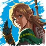 1boy absurdres aduti_momoyama blonde_hair blue_eyes bow closed_mouth earrings hair_between_eyes hand_up highres jewelry link long_hair male_focus master_sword pointy_ears shield solo sword the_legend_of_zelda the_legend_of_zelda:_tears_of_the_kingdom upper_body weapon 