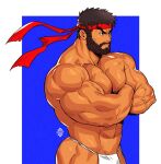  1boy abs artist_name ass bara beard black_hair crossed_legs facial_hair fundoshi headband japanese_clothes large_pectorals male_focus muscular muscular_male navel pectorals red_headband ryu_(street_fighter) short_hair simple_background solo street_fighter street_fighter_6 xelgot 