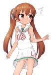  1girl absurdres brown_eyes brown_hair clothes_writing dark-skinned_female dark_skin dress feet_out_of_frame highres kantai_collection libeccio_(kancolle) long_hair looking_to_the_side low-cut_armhole maru_(marg0613) neckerchief sailor_dress simple_background sleeveless sleeveless_dress smile solo striped_neckerchief tan twintails white_background 