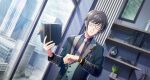  1boy book buttons closed_eyes fingernails glasses highres holding holding_book idolmaster idolmaster_side-m idolmaster_side-m_growing_stars male_focus mole mole_under_mouth necktie official_art parted_lips shinonome_soichiro watch window 