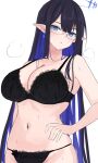 1girl :o black_bra black_hair black_panties blue_archive blue_hair bra breasts cleavage colored_inner_hair glasses halo hand_on_own_hip highres lace-trimmed_bra lace-trimmed_panties lace_trim large_breasts long_hair looking_at_viewer multicolored_hair navel panties parted_lips pointy_ears rin_(blue_archive) simple_background skindentation solo stomach tsumayouji_(tumayog) two-tone_hair underwear underwear_only very_long_hair white_background 