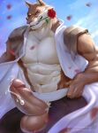  anthro bleach_(series) bodily_fluids canid canine canis erection fenwick_art flower hi_res humanoid male mammal muscular muscular_male petals plant rose_(flower) sajin_komamura solo wolf 