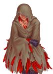  1girl agnimitra anonarts blue_eyes claws cloak corruption_of_champions_2 feathers fewer_digits harpy hood hood_up looking_at_viewer monster_girl non-web_source old old_woman red_feathers red_hair red_wings scales solo torn_cloak torn_clothes transparent_background winged_arms wings 