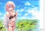  1girl absurdres bare_shoulders bikini blue_sky blush breasts cleavage cloud cloudy_sky collarbone day food fruit hair_ornament hairclip highres holding holding_food jacket long_hair long_sleeves looking_at_viewer medium_breasts miwabe_sakura navel off_shoulder open_clothes open_jacket orange_(fruit) orange_slice original outdoors pink_hair popsicle purple_eyes scan side-tie_bikini_bottom side_ponytail simple_background sky solo stomach strawberry strawberry_slice swimsuit thighs tongue tongue_out 
