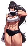  1girl abs absurdres black_hair boxing_gloves breasts cowboy_shot hair_between_eyes highres large_breasts long_hair looking_at_viewer navel original ponytail purple_eyes shorts simple_background solo sotcho sports_bra very_long_hair white_background 