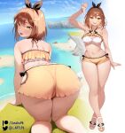  1girl :d all_fours ass atelier_(series) atelier_ryza atelier_ryza_1 bikini black_hairband blue_sky bow_hairband brown_hair crossed_legs from_behind hair_ornament hairband hairpin halterneck highres looking_at_viewer looking_back multiple_views ocean outdoors patreon_username reisalin_stout sandals shore short_hair sky smile solo swimsuit toes twitter_username watson_cross white_bikini white_footwear yellow_bikini zasshu 