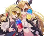  2girls a082 asymmetrical_bangs bandeau black_shirt blonde_hair blue_nails bottle breasts brown_hair cellphone cleavage closed_mouth djeeta_(granblue_fantasy) drinking drinking_straw earrings granblue_fantasy green_nails hairband holding holding_bottle holding_phone jacket jewelry long_hair looking_at_viewer midriff multiple_girls navel off_shoulder open_clothes open_jacket phone selfie shirt short_hair sidelocks simple_background small_breasts smile sunglasses sweatdrop tank_top tweyen_(granblue_fantasy) upper_body white_background white_jacket 