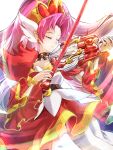  1girl akagi_towa bow bow_(music) choker clear_glass_(mildmild1311) closed_eyes cure_scarlet earrings go!_princess_precure highres holding holding_instrument instrument jewelry long_hair magical_girl pink_hair pointy_ears precure quad_tails red_hair red_sleeves smile solo very_long_hair violin waist_bow white_background 