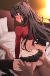  1boy 1girl back black_hair black_skirt black_thighhighs blurry blurry_background blush closed_eyes clothed_female_nude_male clothes_lift eruu_(eruuman) fate/stay_night fate_(series) full-face_blush hetero highres indoors long_hair long_sleeves male_pubic_hair nude on_bed pleated_skirt pubic_hair red_sweater reverse_cowgirl_position saliva saliva_trail sex skirt skirt_rolled_up spread_legs squatting_cowgirl_position straddling sweater sweater_lift thighhighs tohsaka_rin two_side_up vaginal 