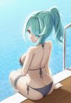  1girl aqua_eyes aqua_hair arm_support bare_arms bare_shoulders bikini black_bikini breasts closed_mouth commentary_request from_behind highres large_breasts looking_at_viewer looking_back okazuemon outdoors pneuma_(xenoblade) ponytail pool_ladder poolside side-tie_bikini_bottom sidelocks solo swimsuit thigh_strap water xenoblade_chronicles_(series) xenoblade_chronicles_2 