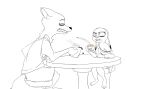 anthro beverage canid canine coffee disney duo english_text female fox furniture hi_res humor judy_hopps lagomorph leporid male male/female mammal nick_wilde rabbit simple_background spoof_(artist) table text tired white_background zootopia 