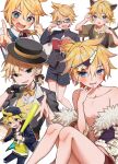  1boy @_@ aa_subarashiki_nyansei_(vocaloid) animal_ears aruminsuko backwards_hat baseball_bat baseball_cap black_headwear black_jacket black_shorts black_vest blonde_hair blue_eyes blue_vest blush bow bowtie brown_shorts cat_boy cat_ears cat_tail collared_shirt gakuran gigantic_o.t.n_(vocaloid) glasses green_shirt hat highres holding holding_baseball_bat jacket kagamine_len male_focus necktie okochama_sensou_(vocaloid) open_mouth paw_pose plus_danshi_(vocaloid) pointing pointing_at_viewer pointy_ears rettou_joutou_(vocaloid) school_uniform shirt short_hair shorts smile solo songover tail teeth vest vocaloid white_shirt yellow_bow yellow_bowtie yellow_necktie yumekui_shirokuro_baku_(vocaloid) 