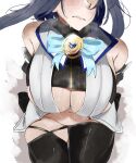  1girl bare_shoulders black_hair blue_bow blue_hair blush bow breasts clenched_teeth detached_sleeves highres hololive hololive_english large_breasts ouro_kronii ribbon sharp_teeth solo steam sweat teeth thick_thighs thighhighs thighs weeze 