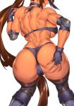  1girl absurdres artist_request ass ass_grab boots breasts brown_hair cameltoe collar dark-skinned_female dark_skin elbow_pads fingerless_gloves from_behind gakuen_taisen_valkyries gloves grabbing_own_ass hand_on_own_ass head_out_of_frame highres huge_ass huge_breasts ilse_valentine long_hair muscular muscular_female nanashi_no_touhoku_kenjin panties partially_visible_vulva ponytail same_ningen solo sweat thigh_boots thighhighs thighs underwear very_long_hair 
