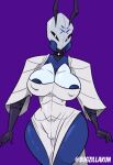  antennae_(anatomy) anthro areola arthropod big_breasts biped black_eyes blue_body breasts bugzilla camel_toe choker clothed clothing dress female genital_outline hi_res hollow_knight humanoid jewelry mandibles markings multicolored_body necklace nipple_slip nipples purple_background pussy_outline simple_background skimpy solo team_cherry thick_thighs two_tone_body wide_hips 