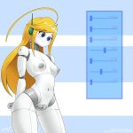  1:1 areola blonde_hair blue_eyes blush body_slider breasts cave_story curly_brace female genitals hair hi_res humanoid machine navel nipples nude pussy robot robot_humanoid signature solo standing text thick_thighs white_body wide_hips zedrin 