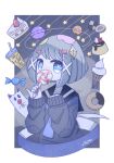  1girl black_serafuku blue_background blue_eyes blue_neckerchief blush border cake candy cathead checkerboard_cookie chocolate_doughnut cloud collarbone commentary cookie covering_mouth diamond_hair_ornament doughnut drinking_straw food ghost grey_hair hair_ornament hairclip highres holding holding_candy holding_food holding_lollipop ice_cream ice_cream_cone juice lollipop long_sleeves looking_at_viewer neckerchief night night_sky no_nose nose_blush omochi_noa original pinky_out pudding red_nails sailor_collar school_uniform serafuku shooting_star short_hair signature sky sleeves_past_wrists solid_oval_eyes solo star_(sky) strawberry_shortcake sweets swirl_lollipop thumbprint_cookie uniform white_border wrapped_candy 