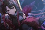  1girl black_hair commentary_request facial_mark feathered_wings fur_trim horns kisaragi_ren_(vtuber) long_hair multicolored_hair purple_wings red_eyes red_hair smile solo streaked_hair tomo7xxxx virtual_youtuber vspo! wings 