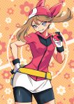  1girl bandana batchgooya bike_shorts brown_hair cowboy_shot fanny_pack floral_background hand_on_own_hip highres holding holding_poke_ball looking_at_viewer may_(pokemon) poke_ball pokemon pokemon_(game) pokemon_rse red_bandana red_shirt shirt shorts smile solo teeth 