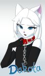  anthro armwear blue_eyes chain clothing collar dakota_(yeetboi420z) domestic_cat felid feline felis first_person_view fur girly hair hi_res male mammal solo white_body white_fur white_hair yeetboi420z 