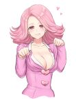  1girl absurdres ace_attorney april_may breasts cleavage closed_mouth collarbone haniwa_(8241427) heart highres jacket large_breasts long_sleeves looking_at_viewer medium_hair paw_pose pink_eyes pink_hair pink_jacket smile solo upper_body white_background 